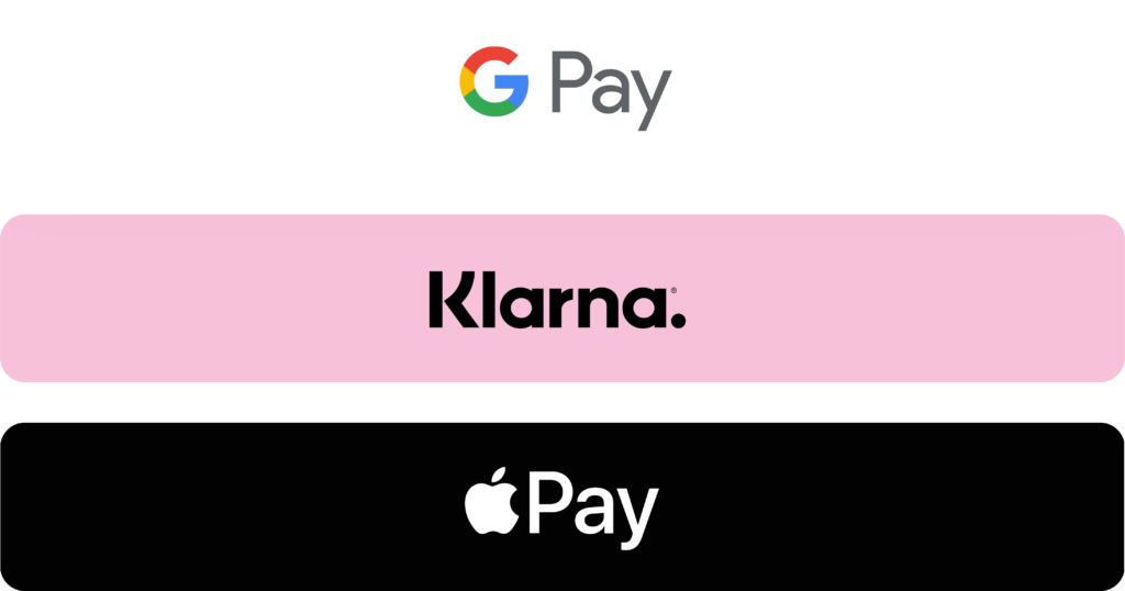 Logos for Google Pay, Klarna and Apple Pay